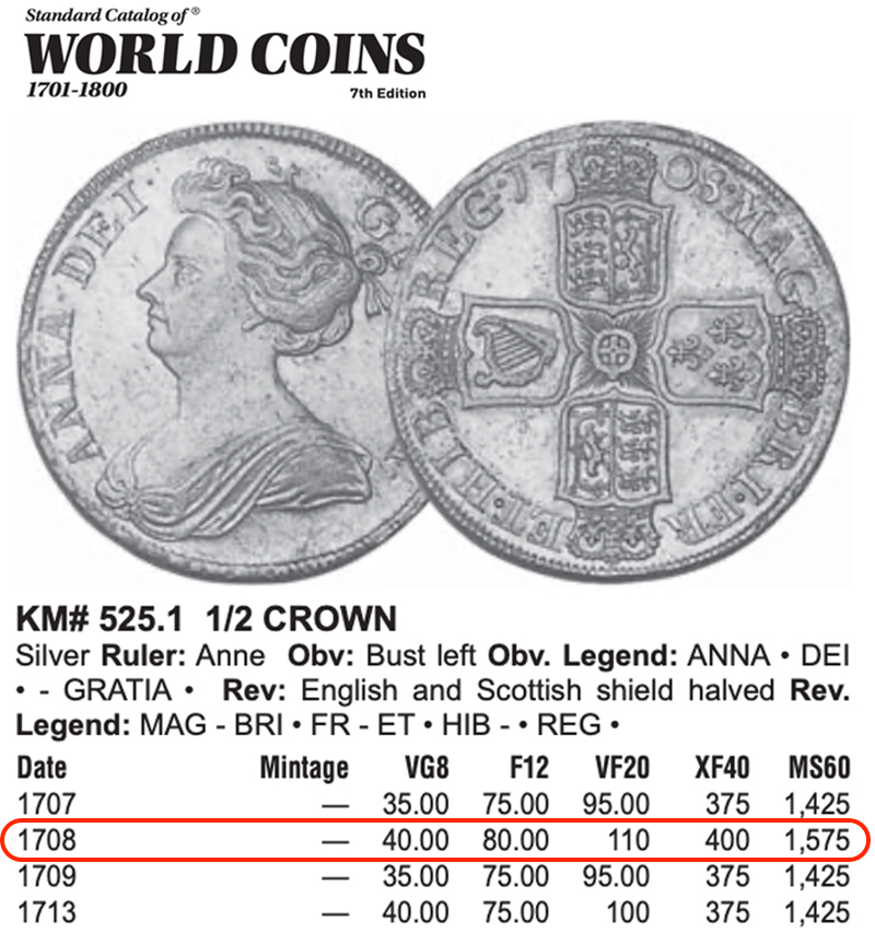 ★上位18枚　1708年　アン女王　AU58★　イギリス　銀貨　ハーフクラウン　イングランド　2CROWN（NGC,PCGSアンティークコイン投資）