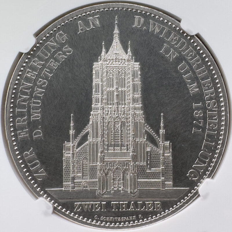 1871年 ドイツ ヴュルテンベルク ウルム大聖堂 カール1世 2ターラー 銀貨 NGC PF60 CAMEO BeEraCoins