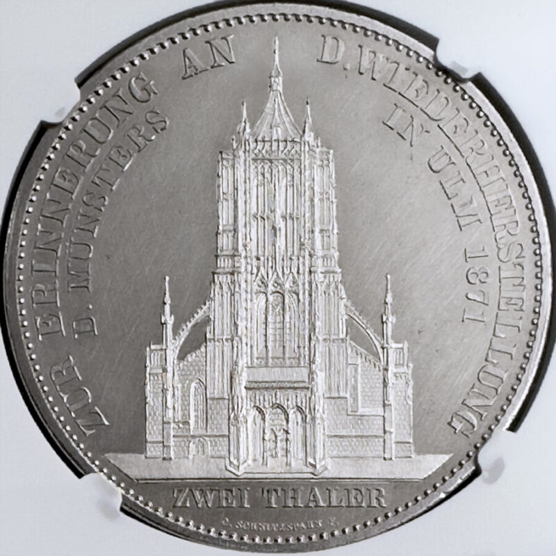 1871年 ドイツ ヴュルテンベルク ウルム大聖堂 カール1世 2ターラー 銀貨 NGC PF60 CAMEO BeEraCoins